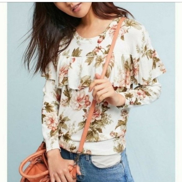 Anthropologie Harlyn Boho Floral Ruffle Lightweight Sweater Pink Olive Green S - Picture 2 of 8